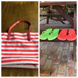 Pink Stripped Beach Tote, Leather straps & Shoes